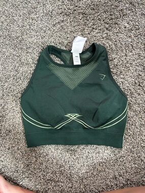 Gymshark Dark Green High Neck Sports Bra with Light Yellow Accents